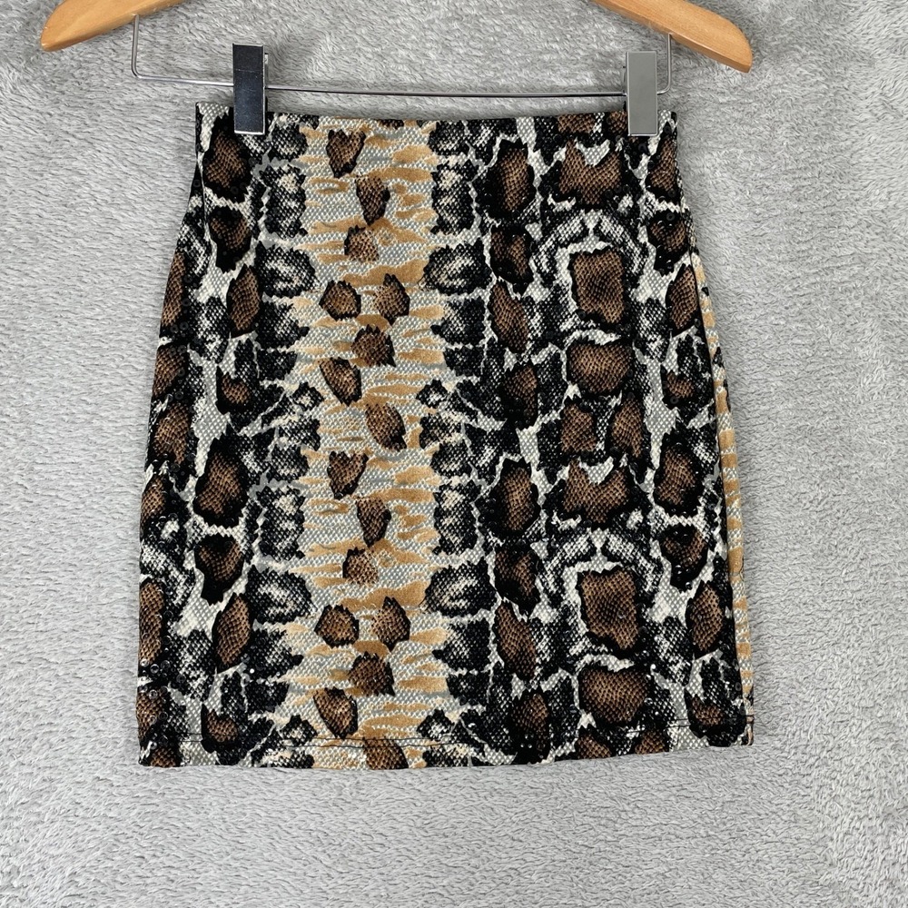 Windsor Snakeskin Mini Skirt Womens XS Brown Sequin‎ Y2K Bodycon Stretch